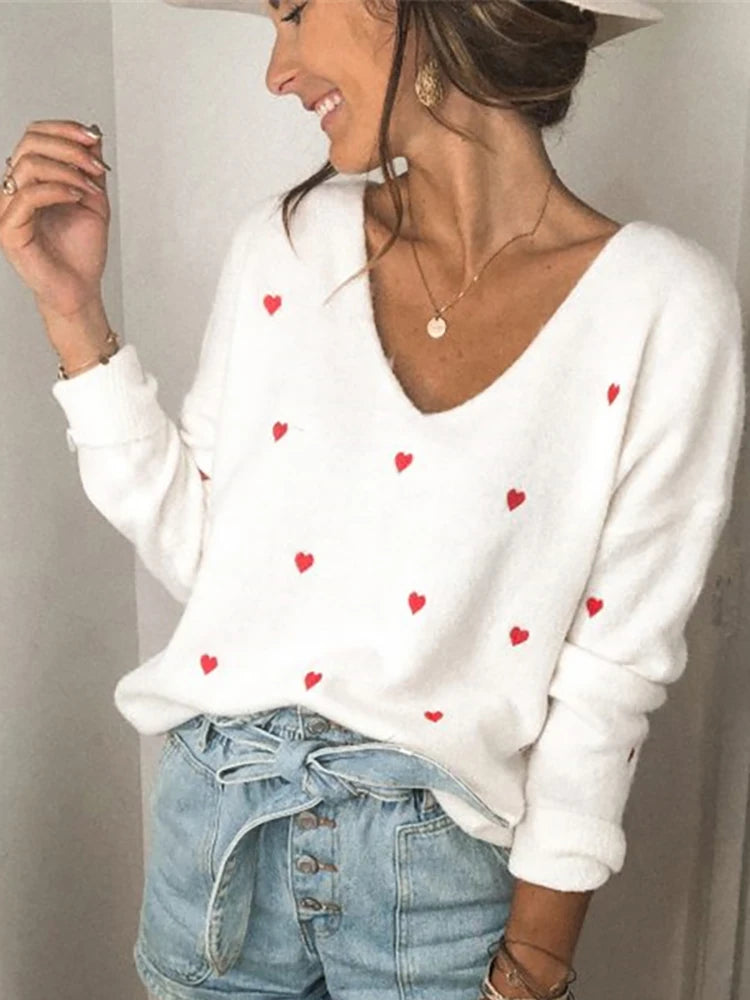 V Neck Cold Shoulder Mini Heart Sweater	