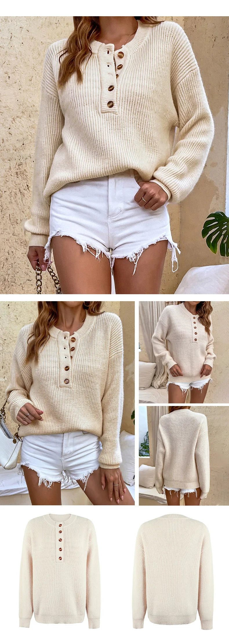 Thick Grain Rib Knit Henley Sweaters Women Sweaters | Chuzko.com