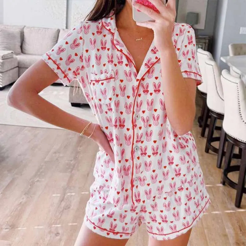 Bunny Print Pajamas – 2-Piece Shorts & Shirt Set Pajamas Set | Chuzko.com