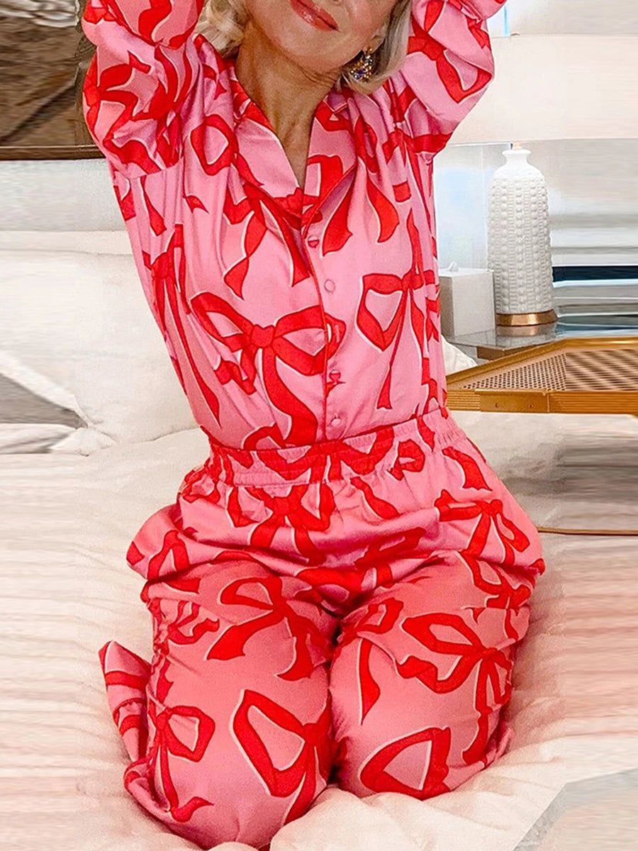 Christmas Bow Pajama Set Xmas Shirt & Pants Pajamas Set | Chuzko.com