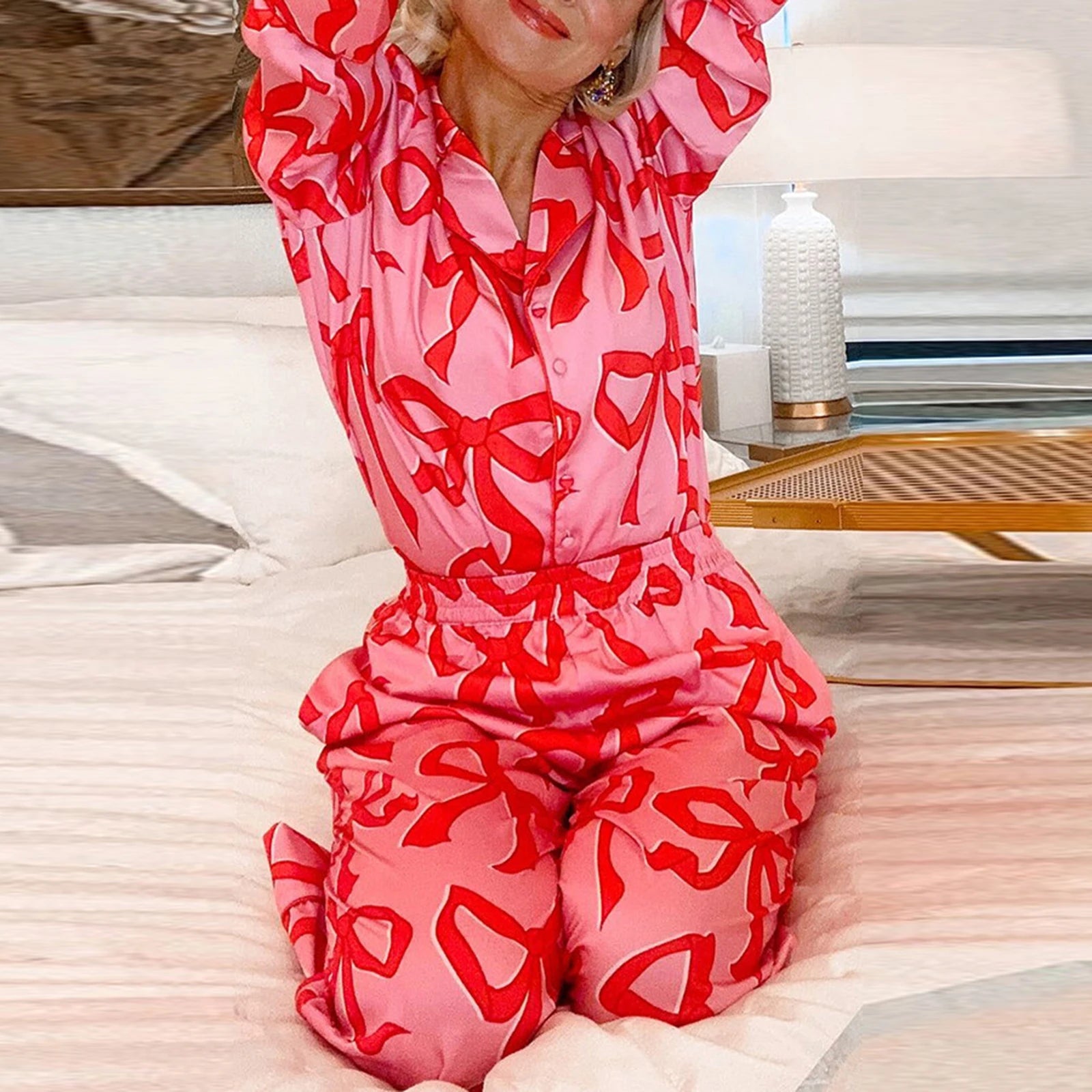 Christmas Bow Pajama Set Xmas Shirt & Pants Pajamas Set | Chuzko.com