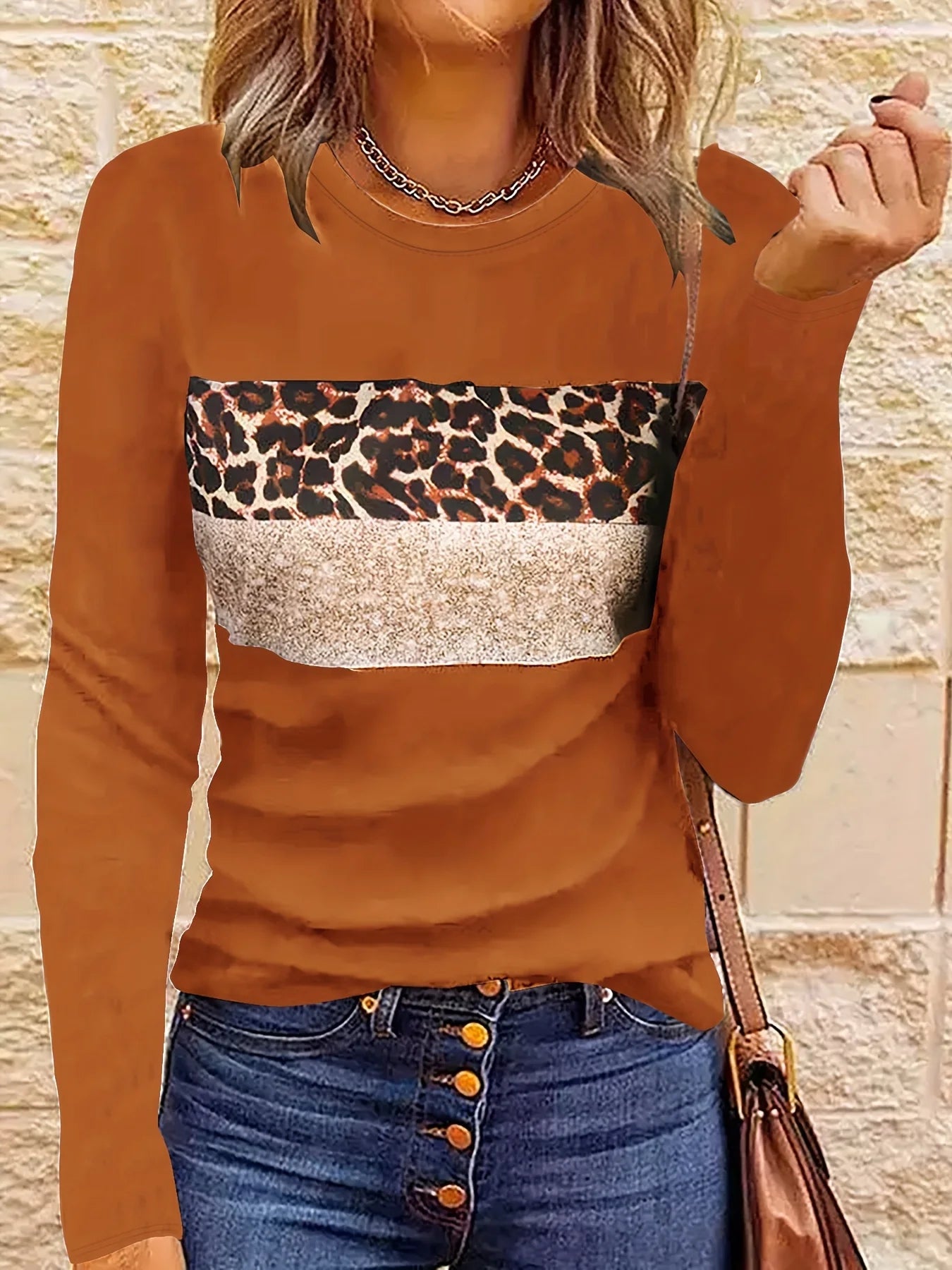 Long Sleeve Fashion Leopard Striped T-shirt Women Shirts & Tops | Chuzko.com