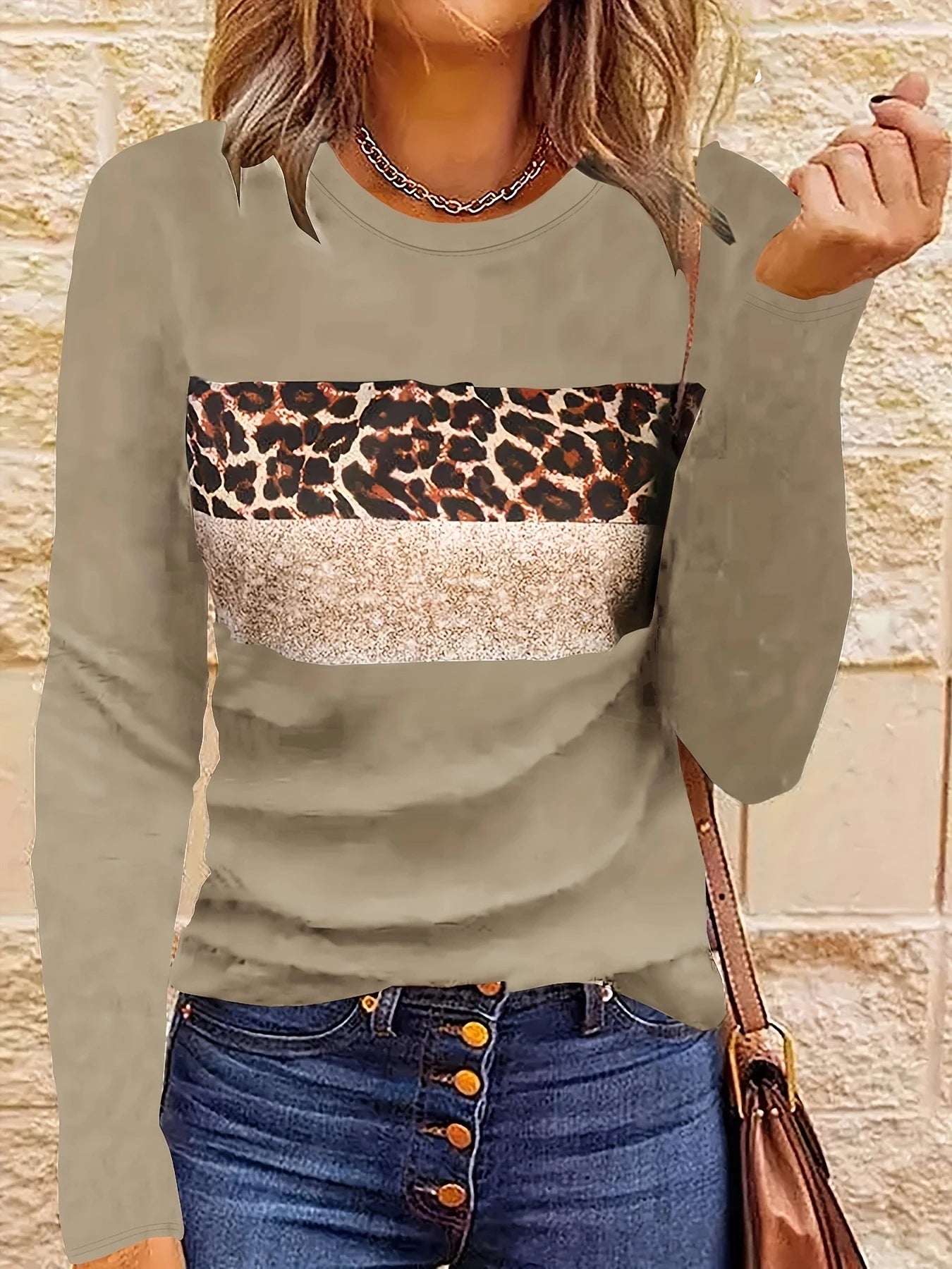 Long Sleeve Fashion Leopard Striped T-shirt Women Shirts & Tops | Chuzko.com