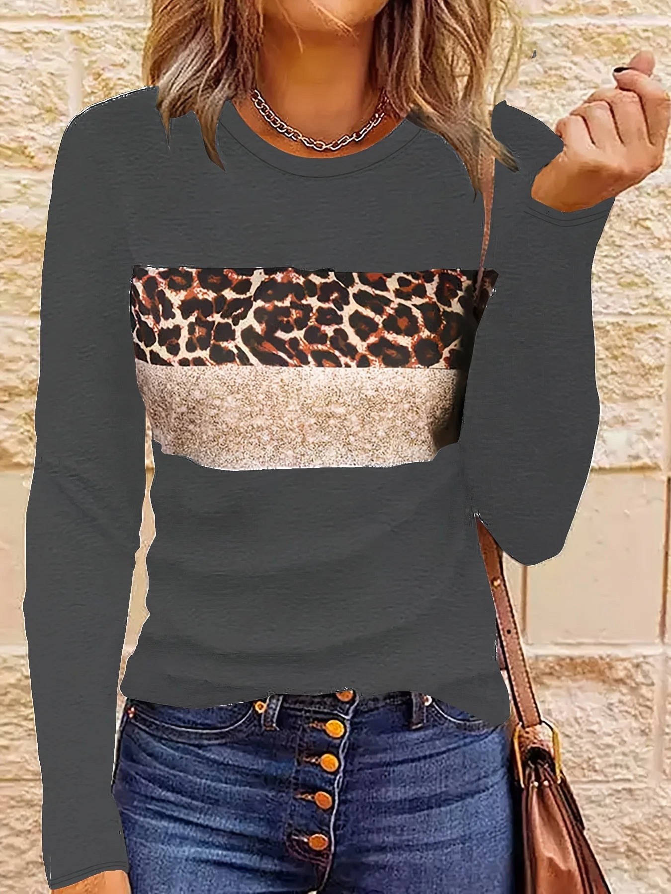 Long Sleeve Fashion Leopard Striped T-shirt Women Shirts & Tops | Chuzko.com