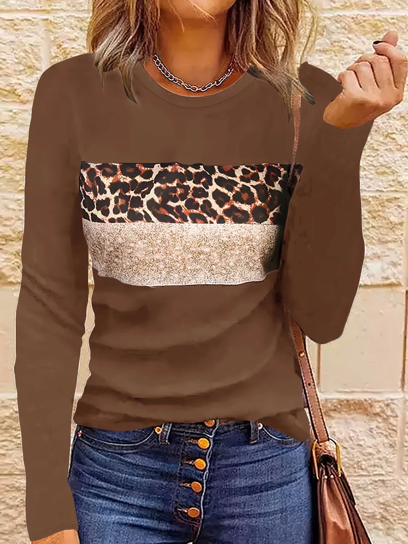 Long Sleeve Fashion Leopard Striped T-shirt	