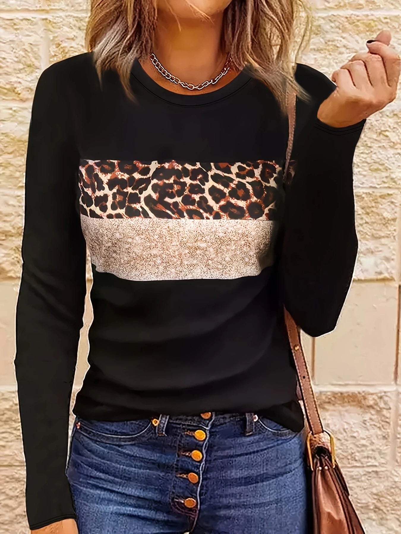 Long Sleeve Fashion Leopard Striped T-shirt Women Shirts & Tops | Chuzko.com