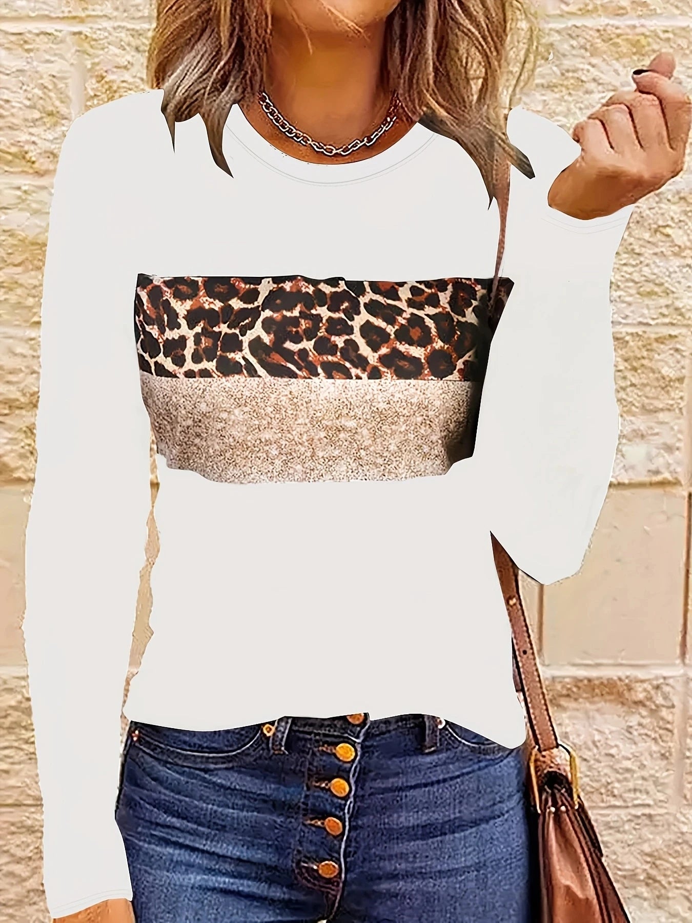 Long Sleeve Fashion Leopard Striped T-shirt Women Shirts & Tops | Chuzko.com