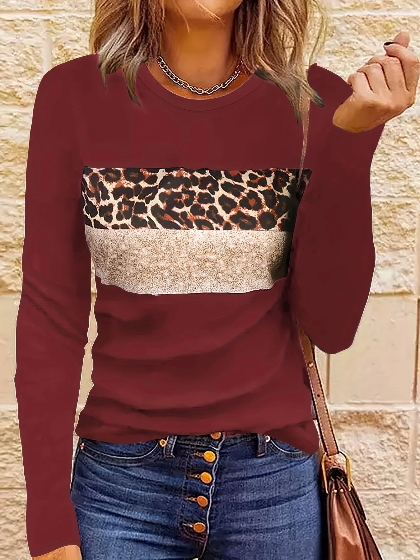 Long Sleeve Fashion Leopard Striped T-shirt Women Shirts & Tops | Chuzko.com