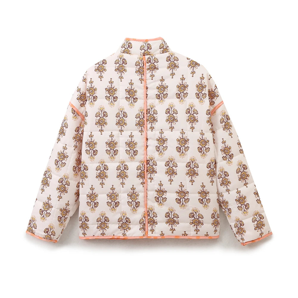 Mandarin Collar Eclectic Flower Print Shacket Solid Trim Jackets | Chuzko.com