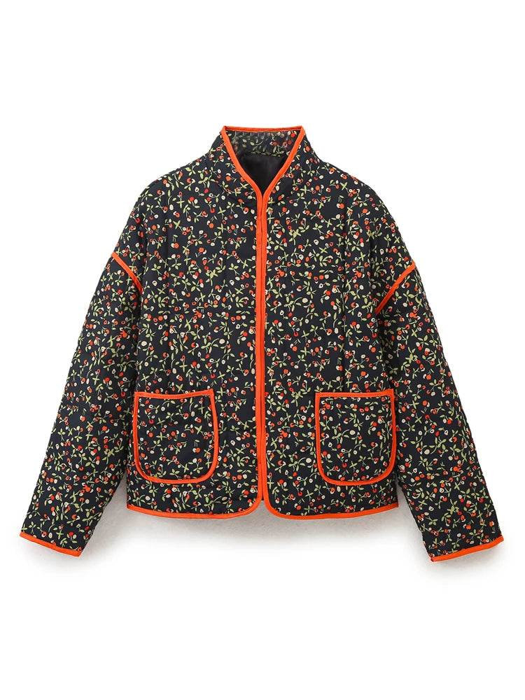 Mandarin Collar Eclectic Flower Print Shacket Solid Trim Jackets | Chuzko.com