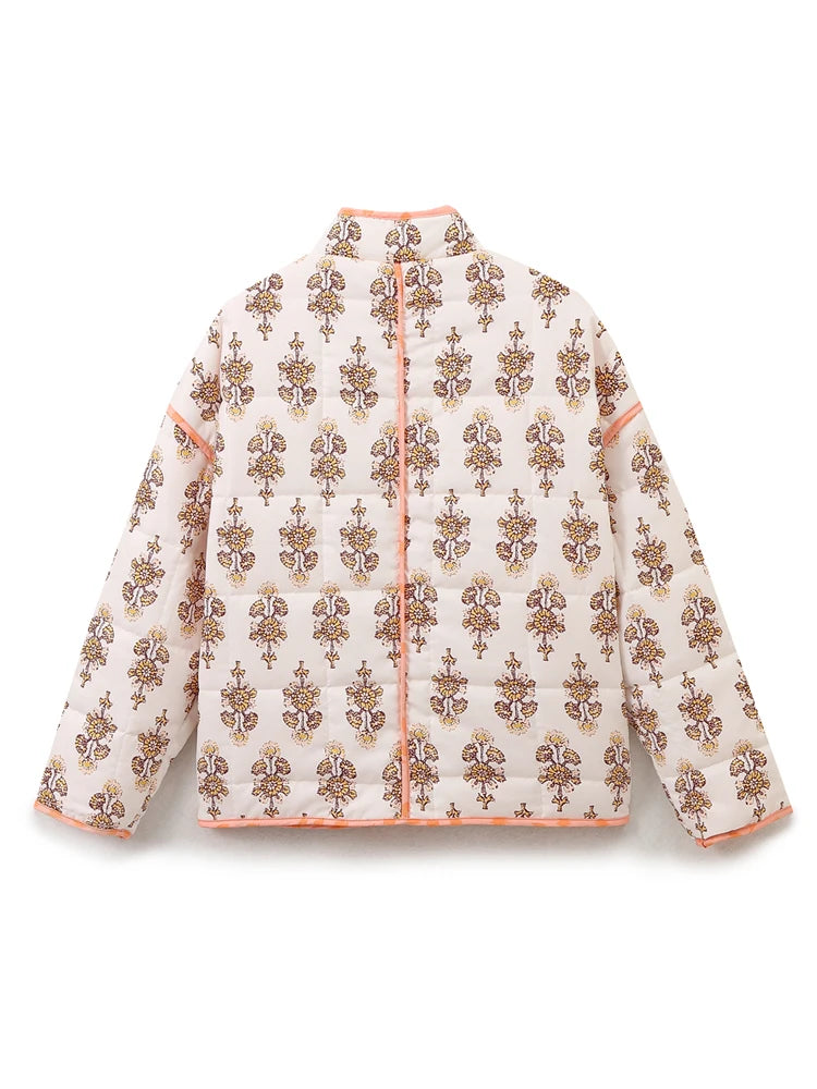 Mandarin Collar Eclectic Flower Print Shacket Solid Trim Jackets | Chuzko.com