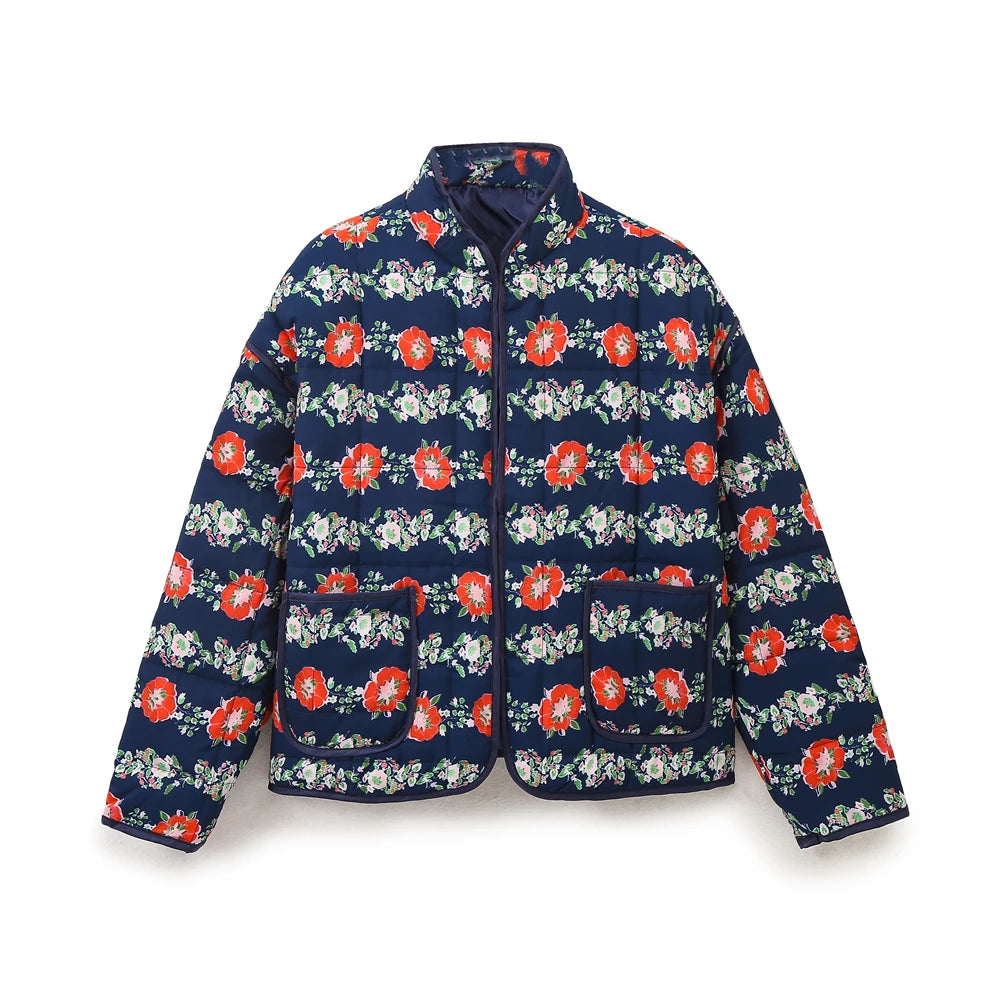 Mandarin Collar Eclectic Flower Print Shacket Solid Trim Jackets | Chuzko.com