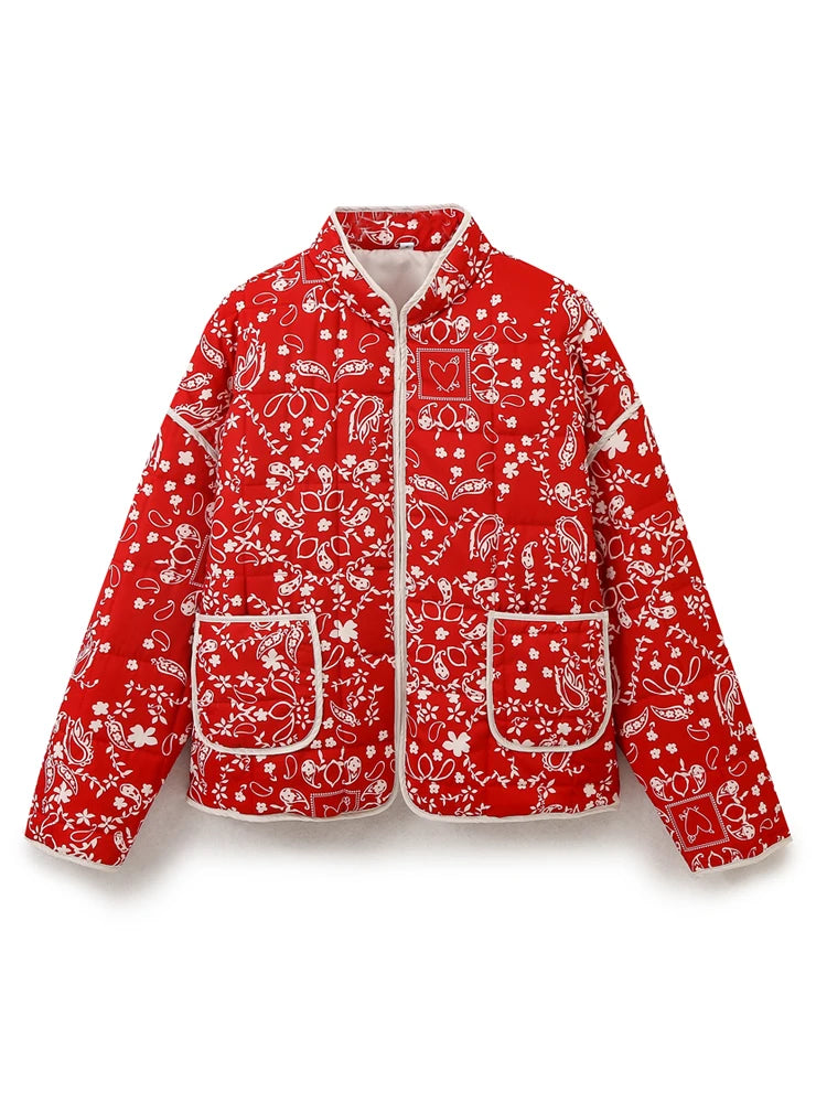 Mandarin Collar Eclectic Flower Print Shacket Solid Trim Jackets | Chuzko.com