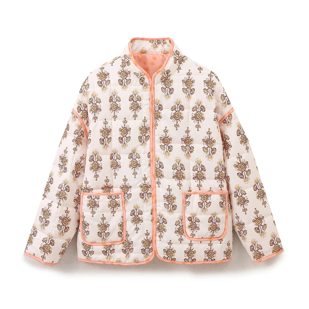 Mandarin Collar Eclectic Flower Print Shacket Solid Trim Jackets | Chuzko.com