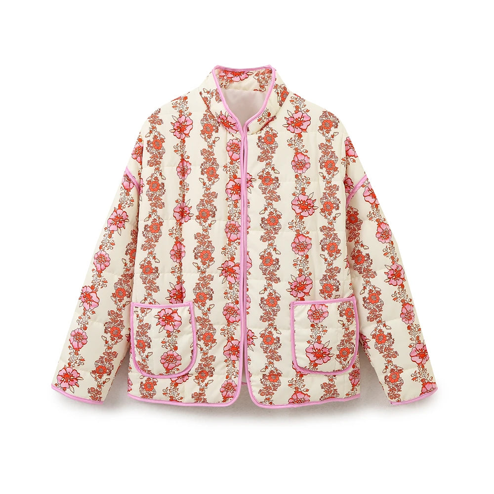 Mandarin Collar Eclectic Flower Print Shacket Solid Trim Jackets | Chuzko.com