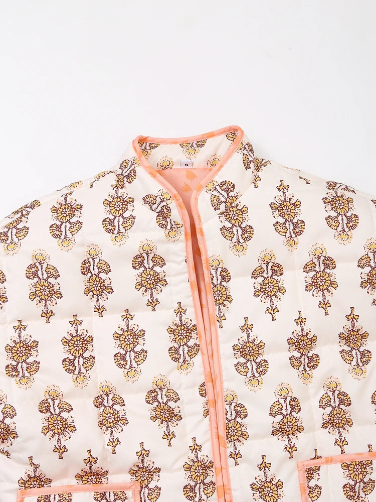 Mandarin Collar Eclectic Flower Print Shacket Solid Trim Jackets | Chuzko.com