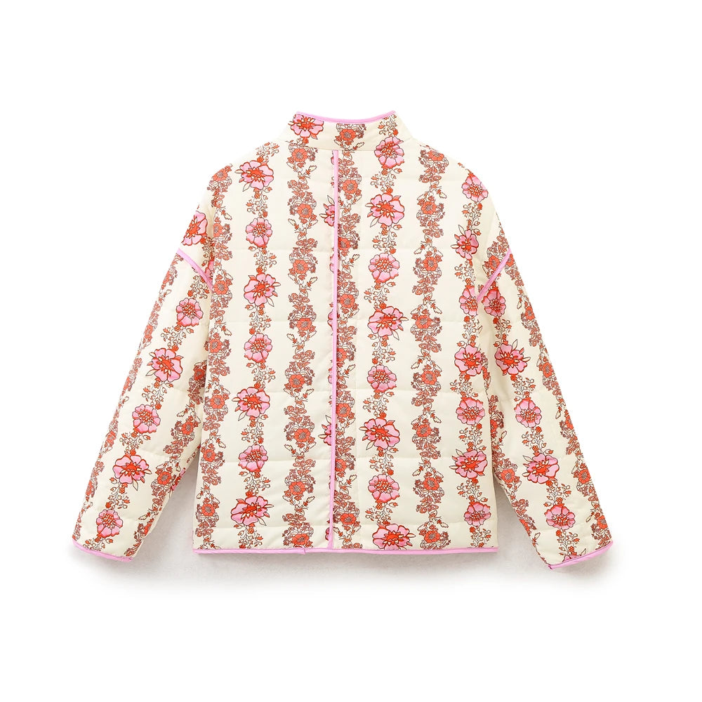 Mandarin Collar Eclectic Flower Print Shacket Solid Trim Jackets | Chuzko.com