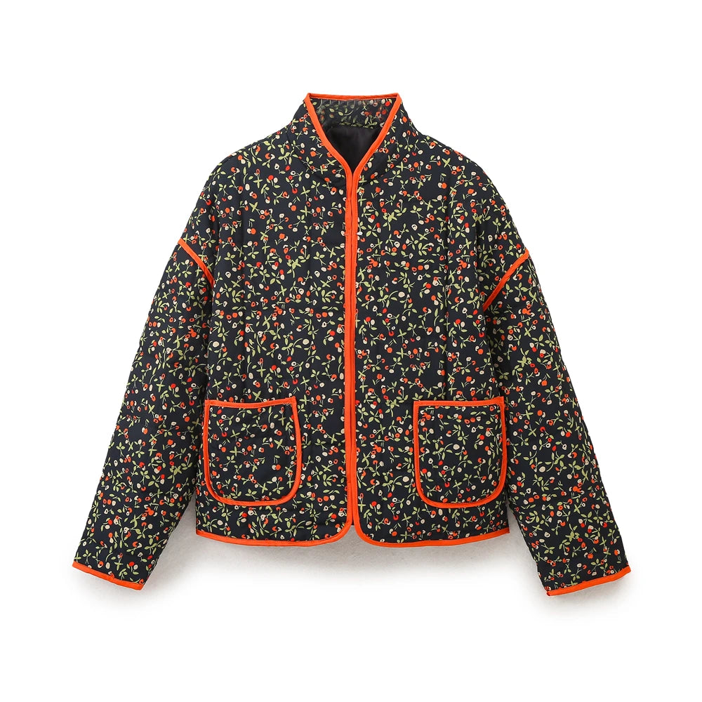 Mandarin Collar Eclectic Flower Print Shacket Solid Trim Jackets | Chuzko.com