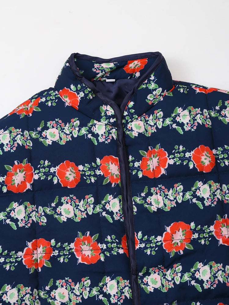 Mandarin Collar Eclectic Flower Print Shacket Solid Trim Jackets | Chuzko.com