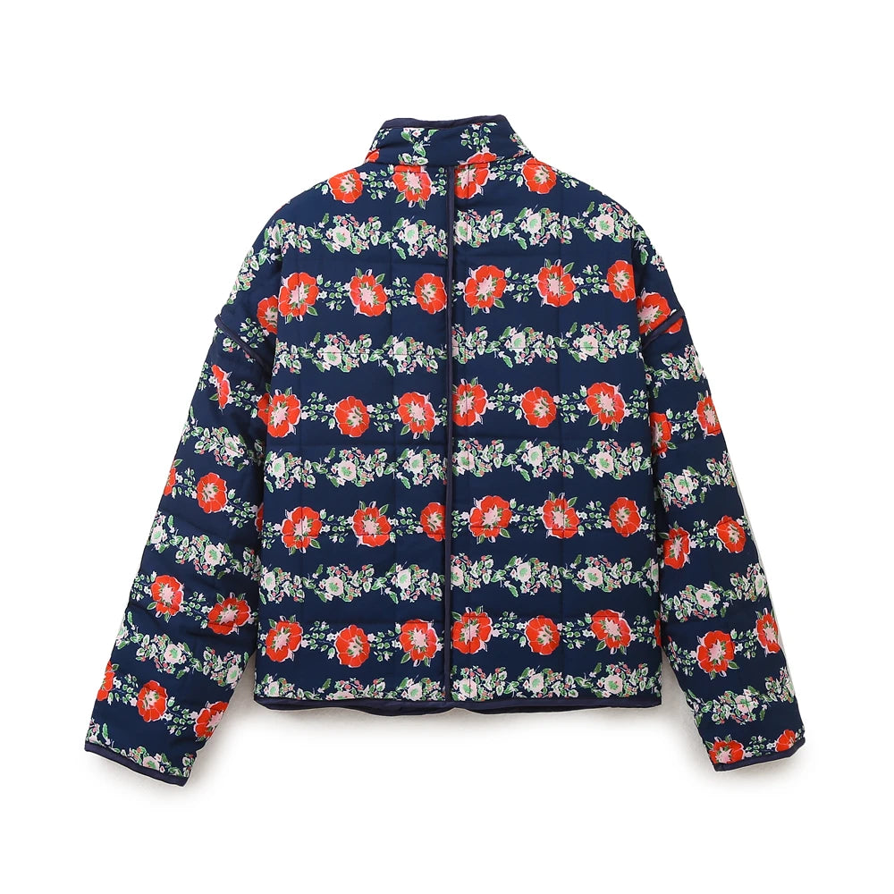 Mandarin Collar Eclectic Flower Print Shacket Solid Trim Jackets | Chuzko.com