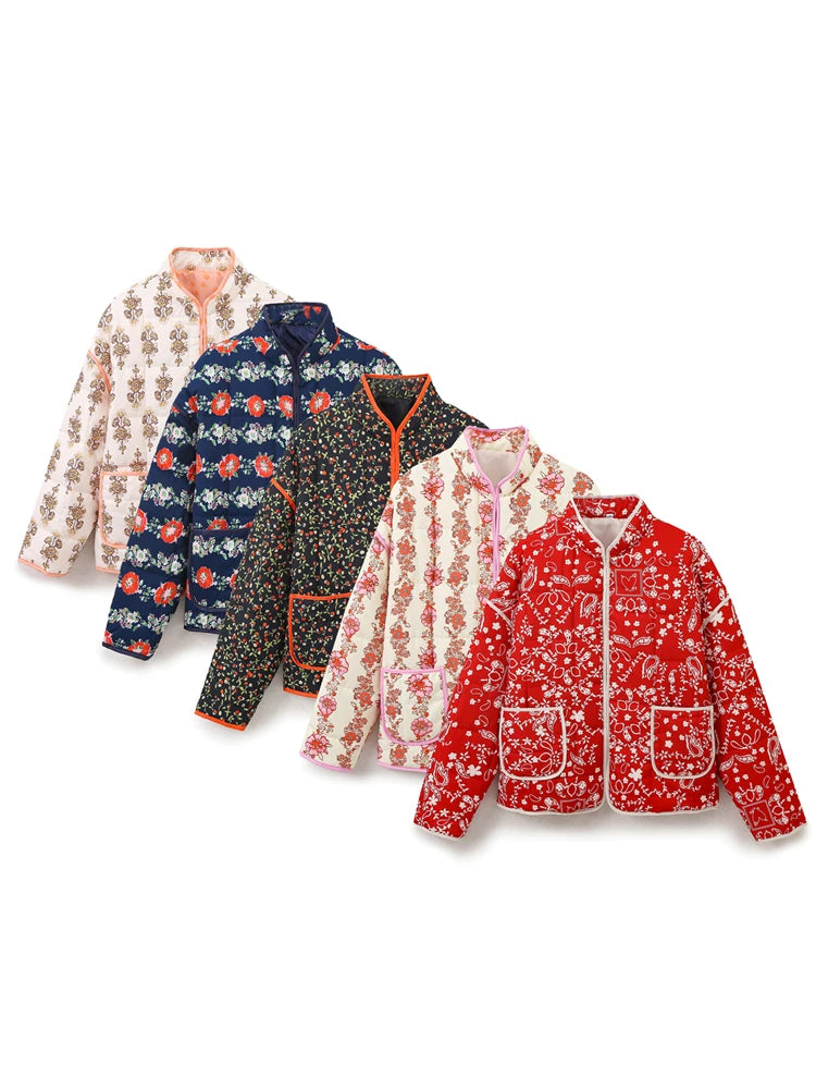 Mandarin Collar Eclectic Flower Print Shacket Solid Trim Jackets | Chuzko.com