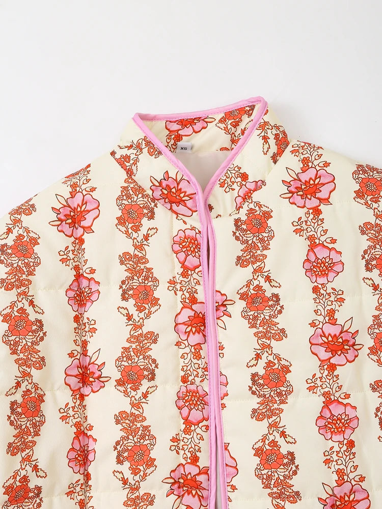 Mandarin Collar Eclectic Flower Print Shacket Solid Trim Jackets | Chuzko.com