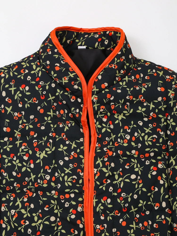 Mandarin Collar Eclectic Flower Print Shacket Solid Trim Jackets | Chuzko.com