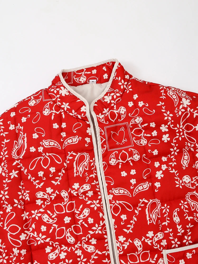 Mandarin Collar Eclectic Flower Print Shacket Solid Trim Jackets | Chuzko.com