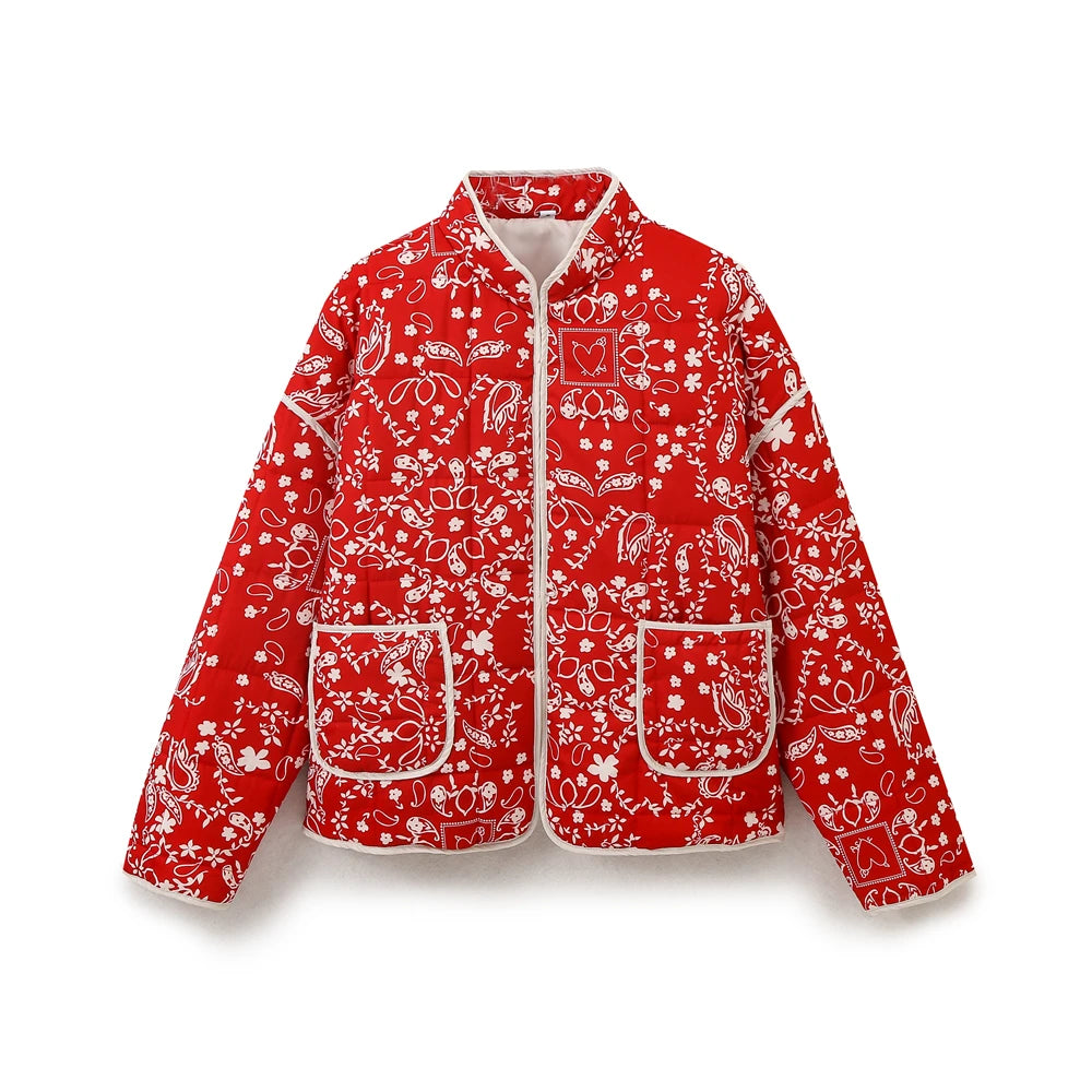 Mandarin Collar Eclectic Flower Print Shacket Solid Trim Jackets | Chuzko.com