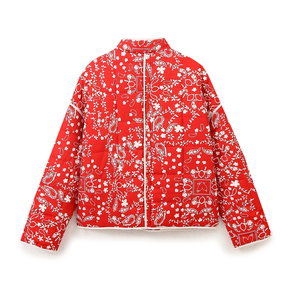 Mandarin Collar Eclectic Flower Print Shacket Solid Trim Jackets | Chuzko.com