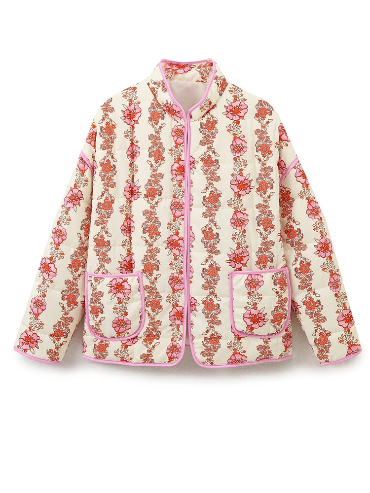 Mandarin Collar Eclectic Flower Print Shacket Solid Trim Jackets | Chuzko.com