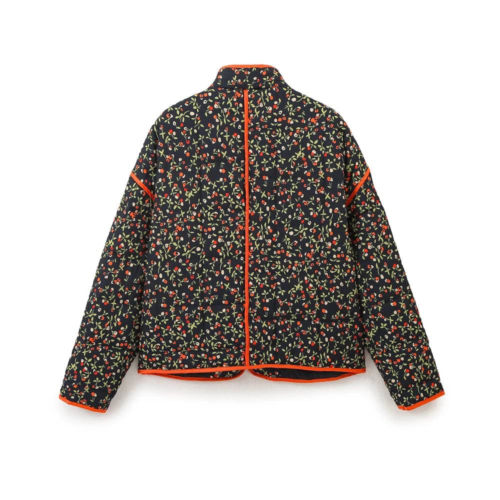 Mandarin Collar Eclectic Flower Print Shacket Solid Trim Jackets | Chuzko.com