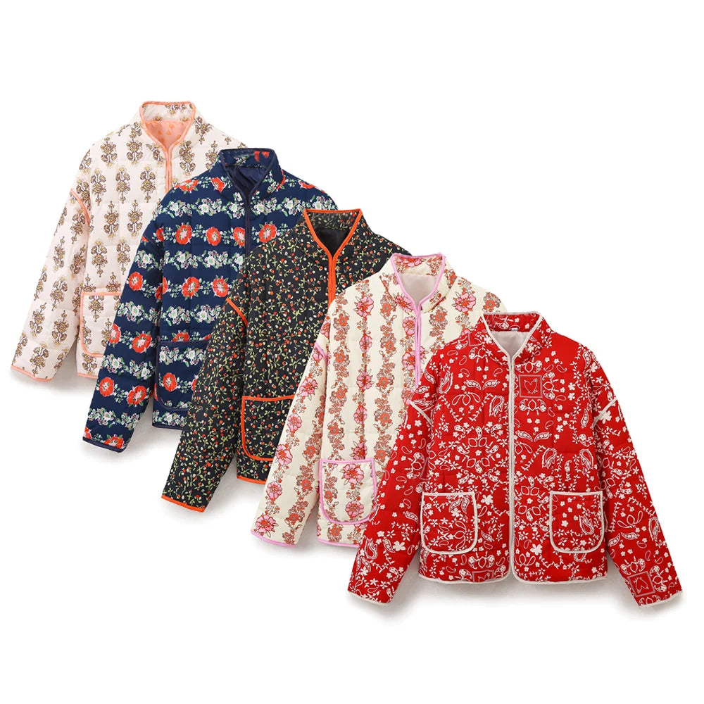 Mandarin Collar Eclectic Flower Print Shacket Solid Trim Jackets | Chuzko.com