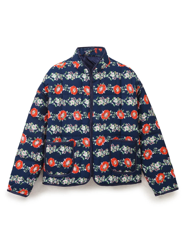 Mandarin Collar Eclectic Flower Print Shacket Solid Trim Jackets | Chuzko.com