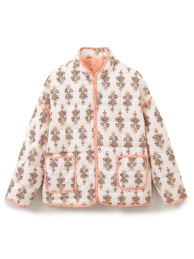 Mandarin Collar Eclectic Flower Print Shacket Solid Trim	