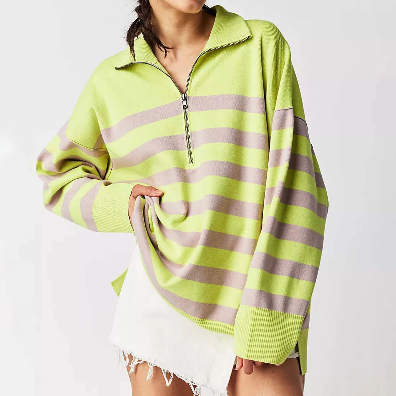 Bold Contrasting Stripe Half-Zip Pullover Sweatshirts | Chuzko.com