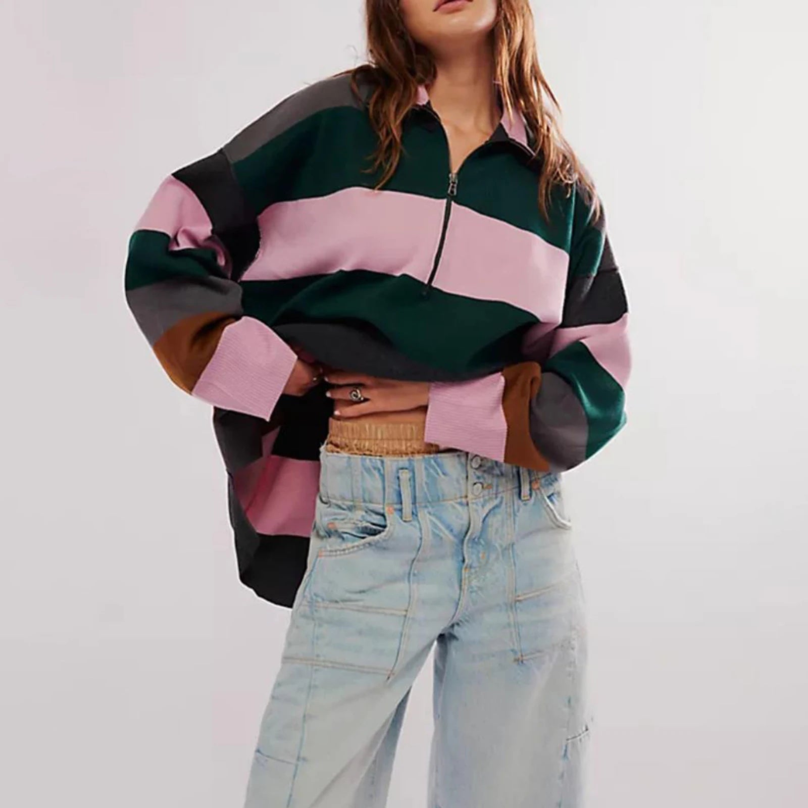 Bold Contrasting Stripe Half-Zip Pullover Sweatshirts | Chuzko.com