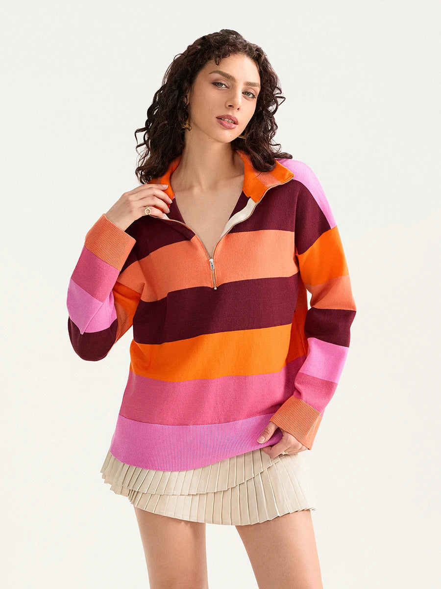 Bold Contrasting Stripe Half-Zip Pullover Sweatshirts | Chuzko.com