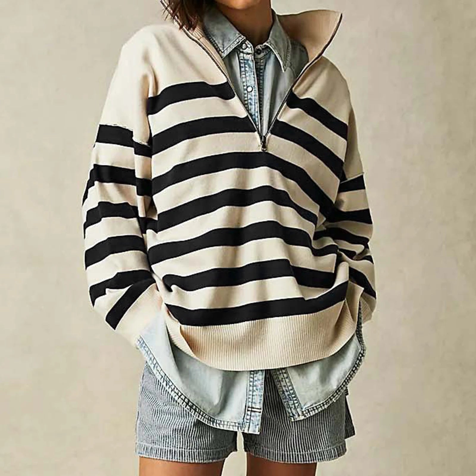 Bold Contrasting Stripe Half-Zip Pullover Sweatshirts | Chuzko.com