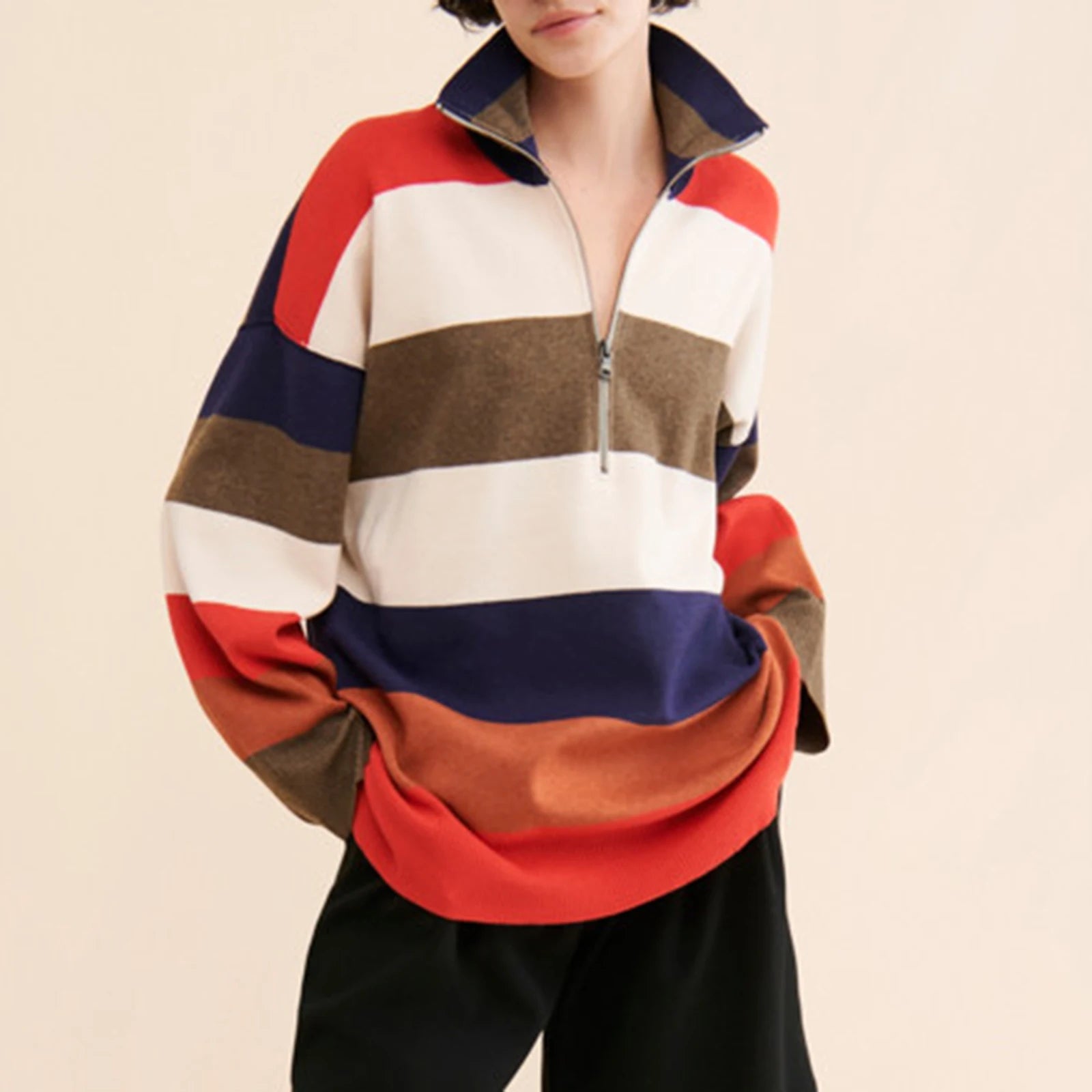 Bold Contrasting Stripe Half-Zip Pullover Sweatshirts | Chuzko.com