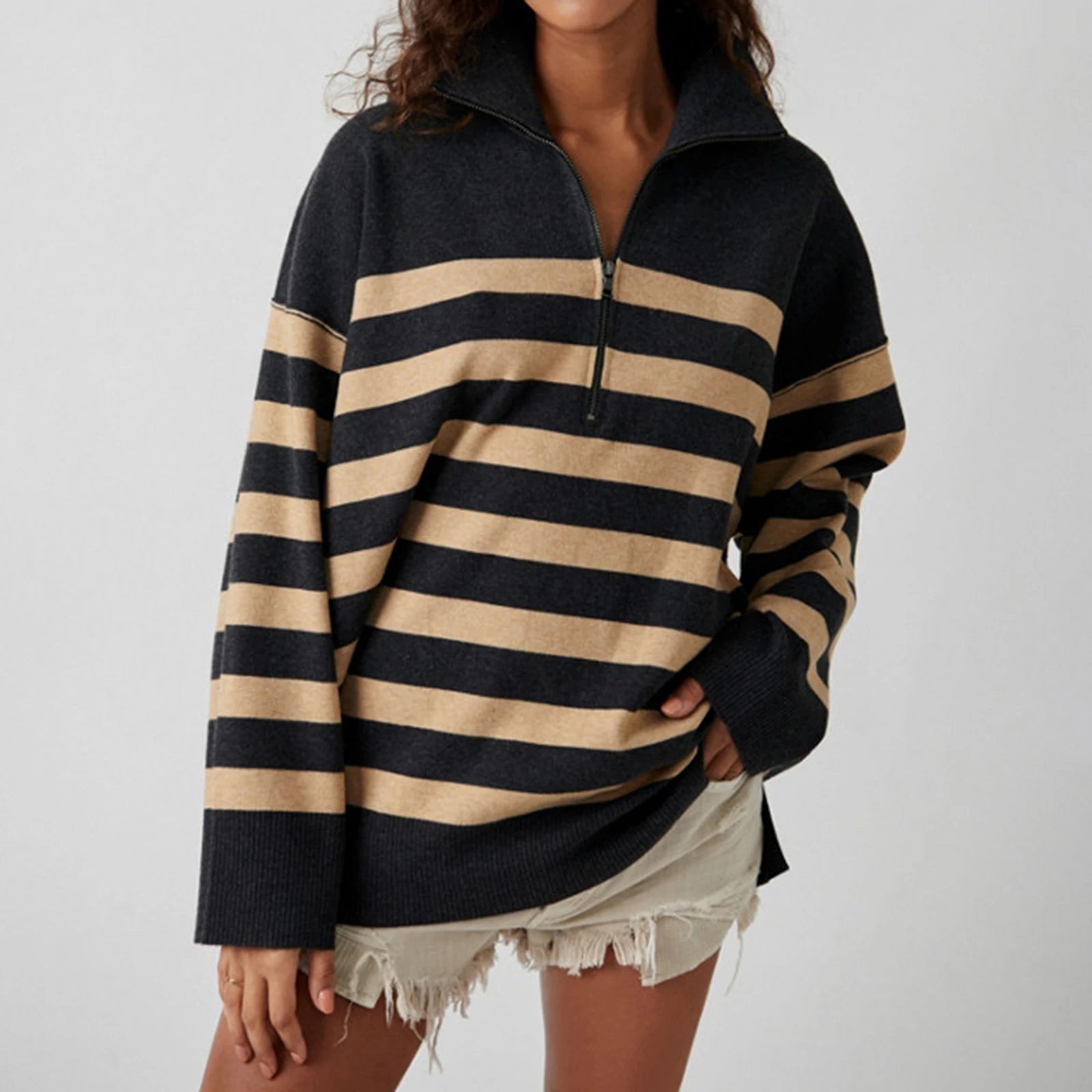 Bold Contrasting Stripe Half-Zip Pullover Sweatshirts | Chuzko.com