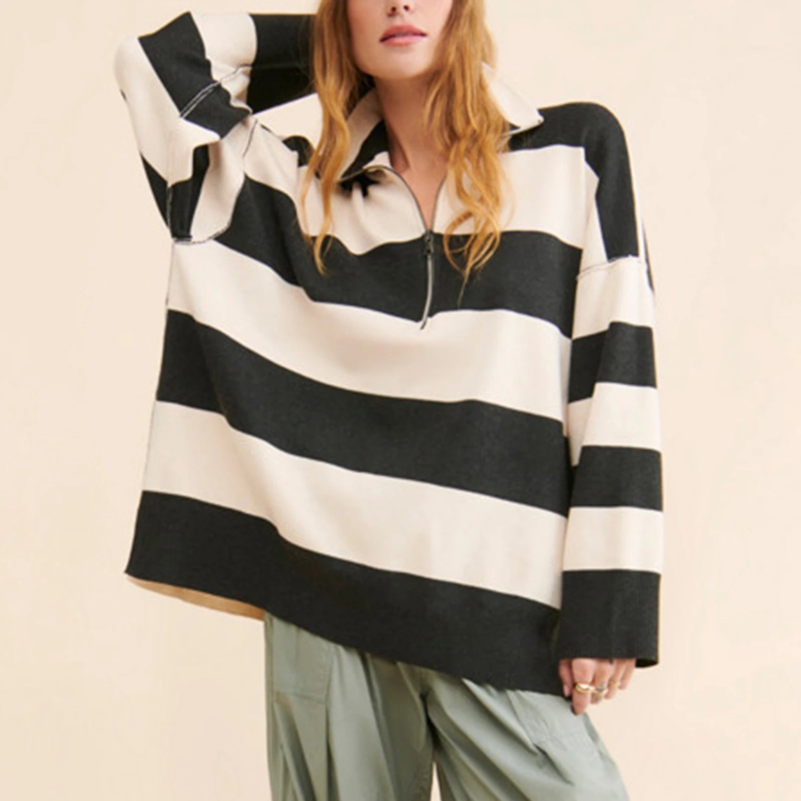 Bold Contrasting Stripe Half-Zip Pullover Sweatshirts | Chuzko.com