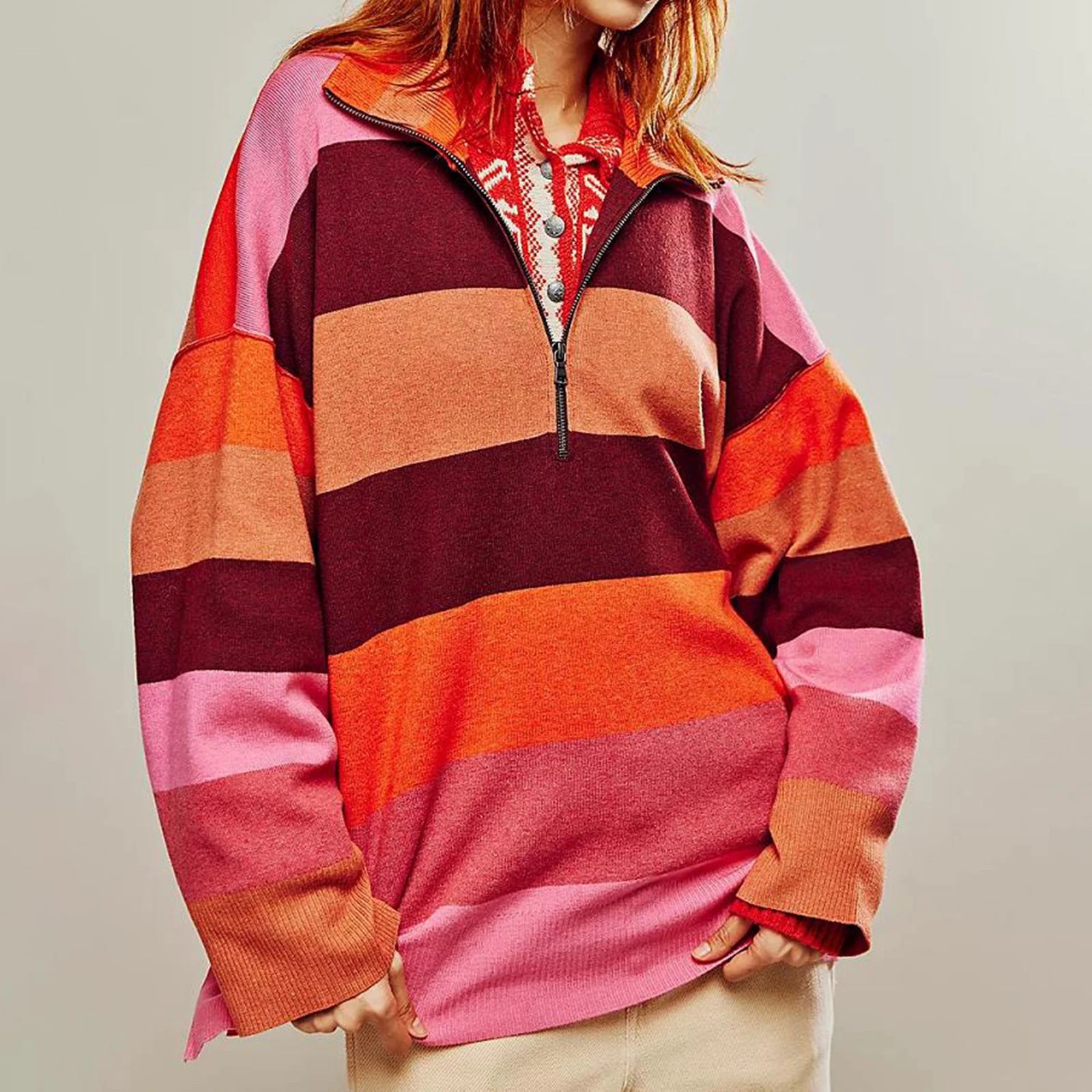 Bold Contrasting Stripe Half-Zip Pullover Sweatshirts | Chuzko.com