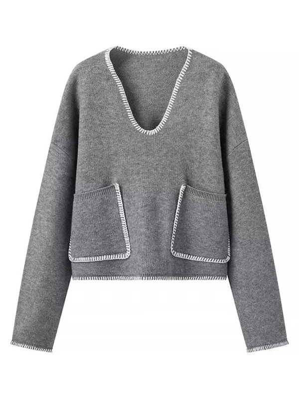 Modern Grey V-Neck Cropped Sweater Sweaters | Chuzko.com