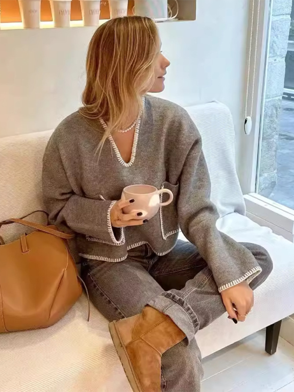 Modern Grey V-Neck Cropped Sweater	