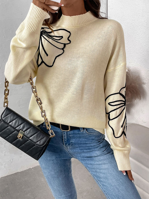 Leaf Embroidered High-Neck Sweater Sweaters | Chuzko.com