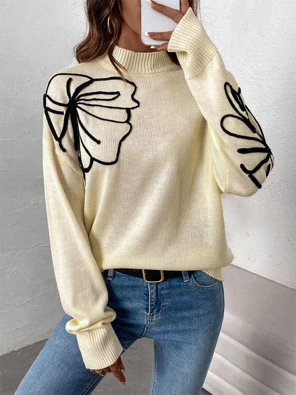 Leaf Embroidered High-Neck Sweater Sweaters | Chuzko.com