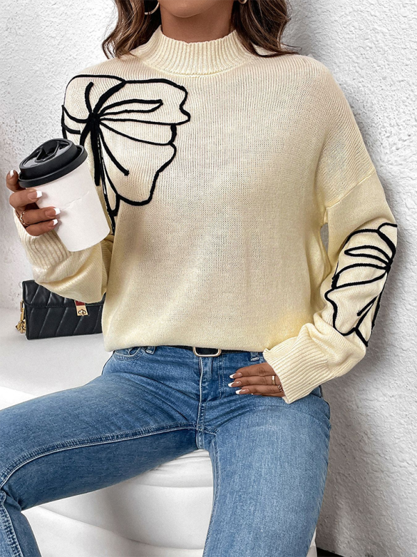 Leaf Embroidered High-Neck Sweater	