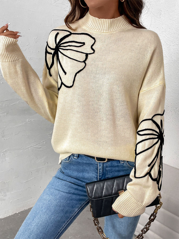 Leaf Embroidered High-Neck Sweater Sweaters | Chuzko.com