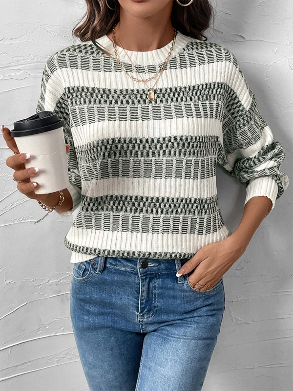 Green and White Textured Sweater - Casual Sweaters | Chuzko.com